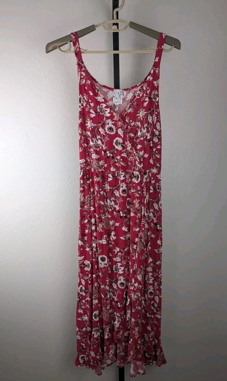 Naif Rayon Faux Wrap Midi Length Sun Dress pink white floral